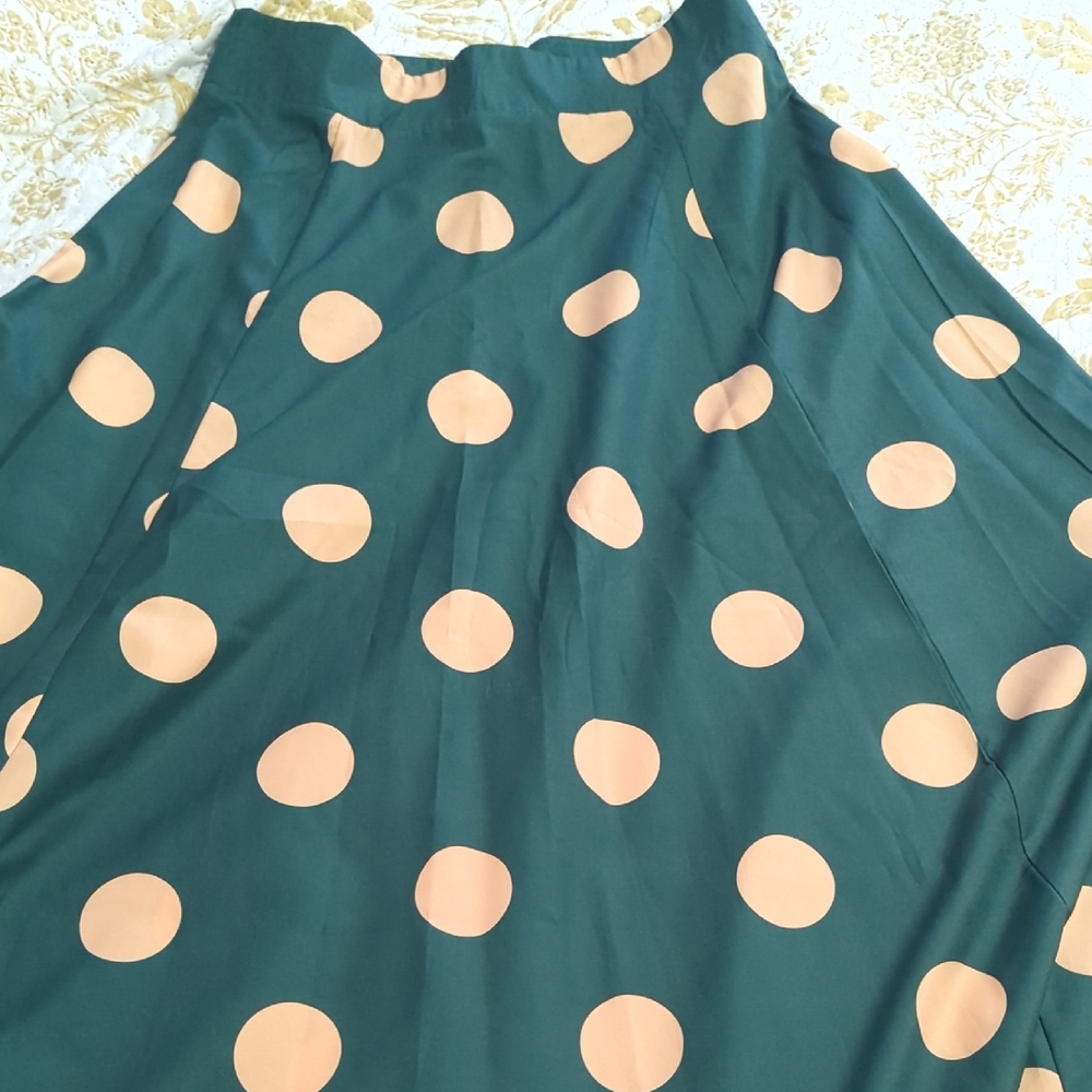 Polka Dot Green and Gold Skirt with high Split On Right Side